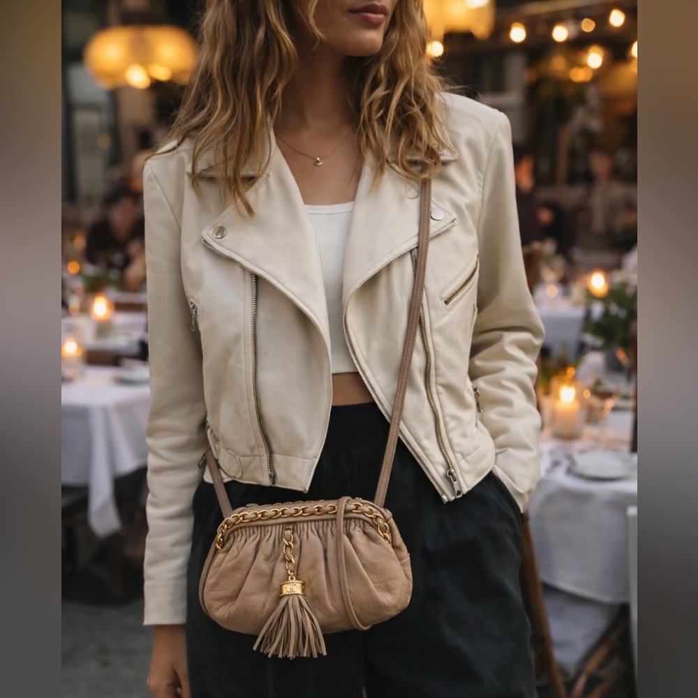 Authentic CHANEL 1988 kiss lock chain around beige Lambskin crossbody bag